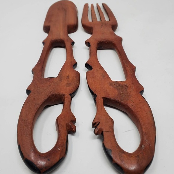 Wooden Giraffe Jungle Handle Salad Utensils Serving Set - Picture 4 of 6
